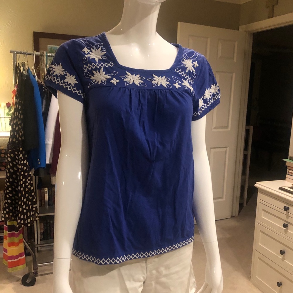 Blue & White Embroidered Top